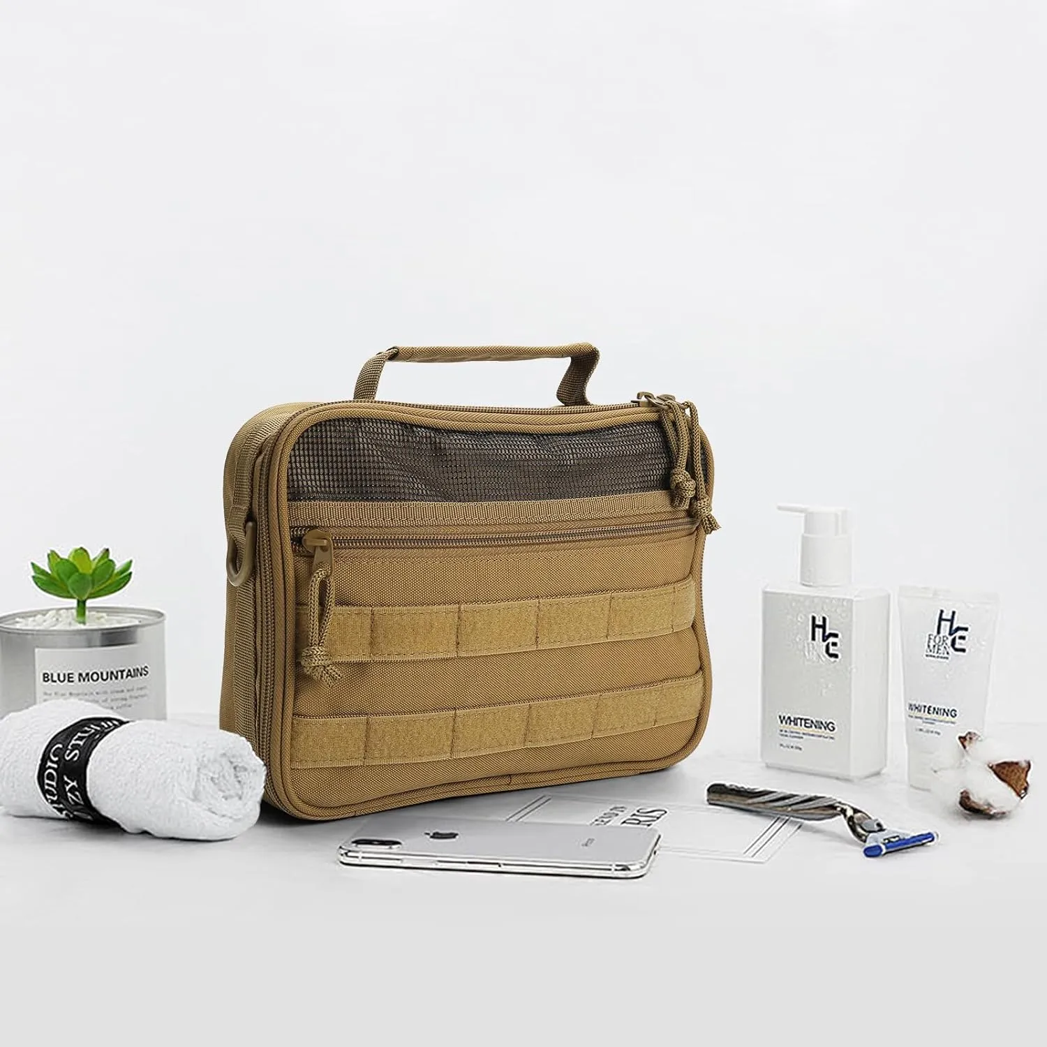 SMONT Mens Toiletry Travel Bag With Double Side full Open Design Travel Toiletry Organizer Dopp Kit Shaving Hygiene Bag Bathroom Hanging Toiletry Bag for Short Trips Tactical Toiletry Bag Brown