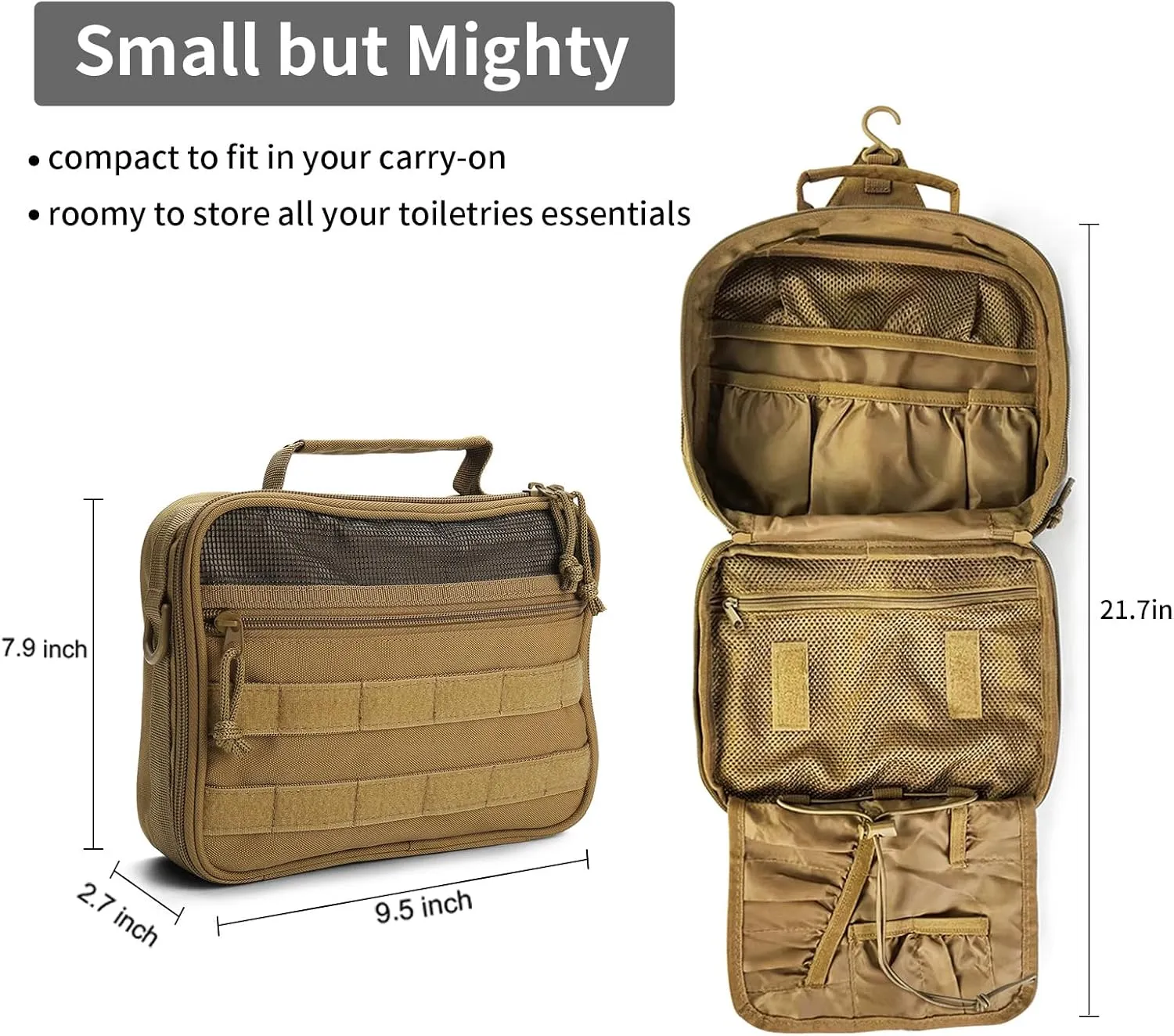 SMONT Mens Toiletry Travel Bag With Double Side full Open Design Travel Toiletry Organizer Dopp Kit Shaving Hygiene Bag Bathroom Hanging Toiletry Bag for Short Trips Tactical Toiletry Bag Brown