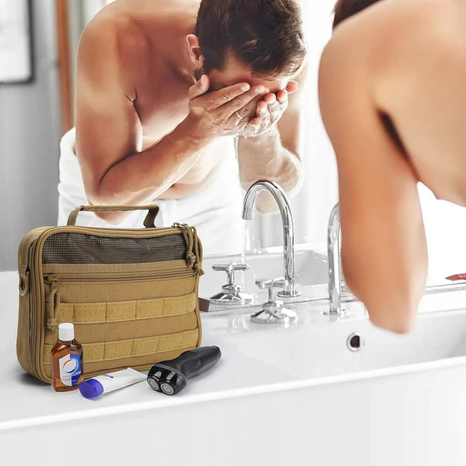 SMONT Mens Toiletry Travel Bag With Double Side full Open Design Travel Toiletry Organizer Dopp Kit Shaving Hygiene Bag Bathroom Hanging Toiletry Bag for Short Trips Tactical Toiletry Bag Brown