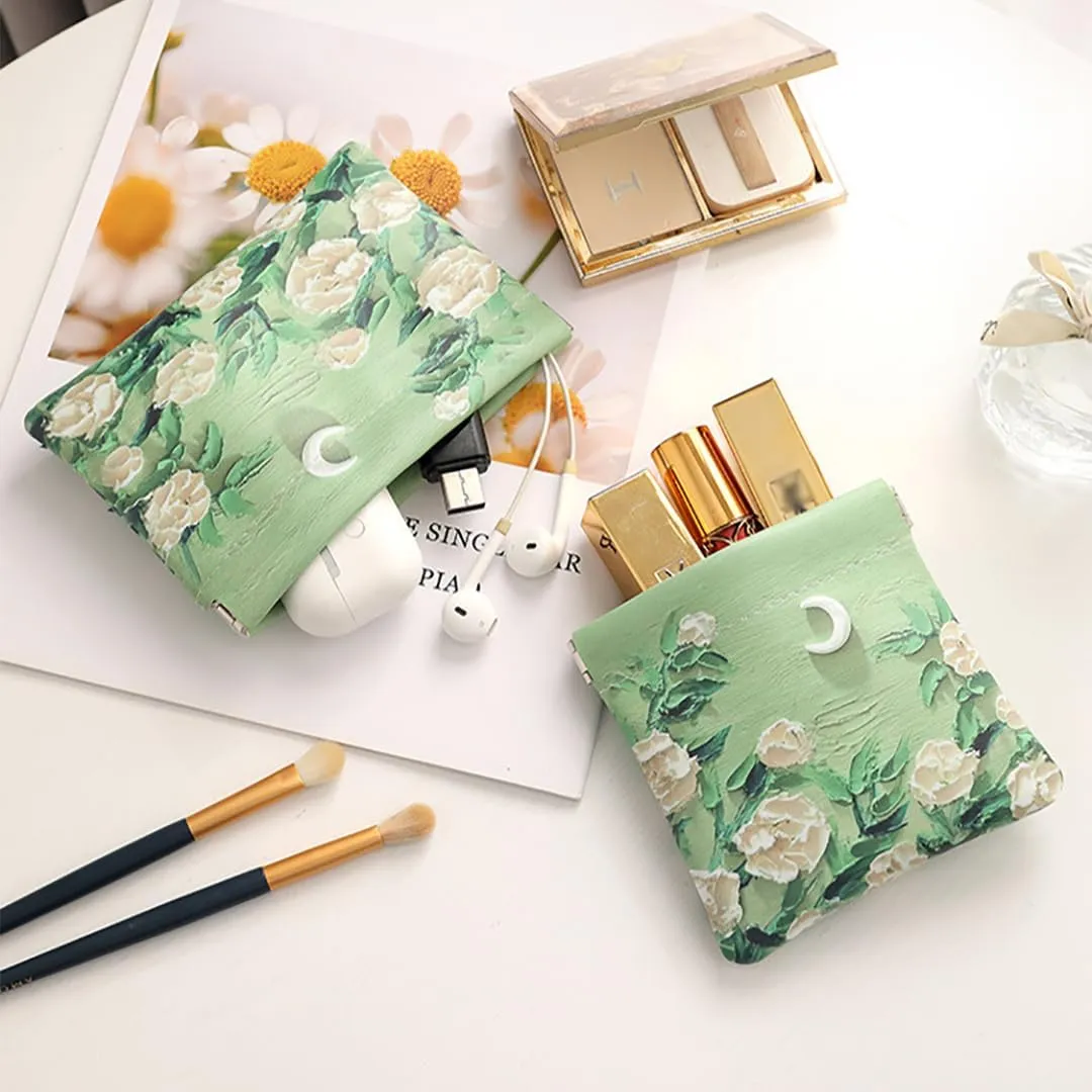 Snap Closure Organizer Pouch,Oil Paint Pattern Leather Big and Small Coin Pouch Holder Set,Portable No Zipper Self-Closing Pocket Cosmetic Bag Squeeze Top, (Roses Under the Moon)