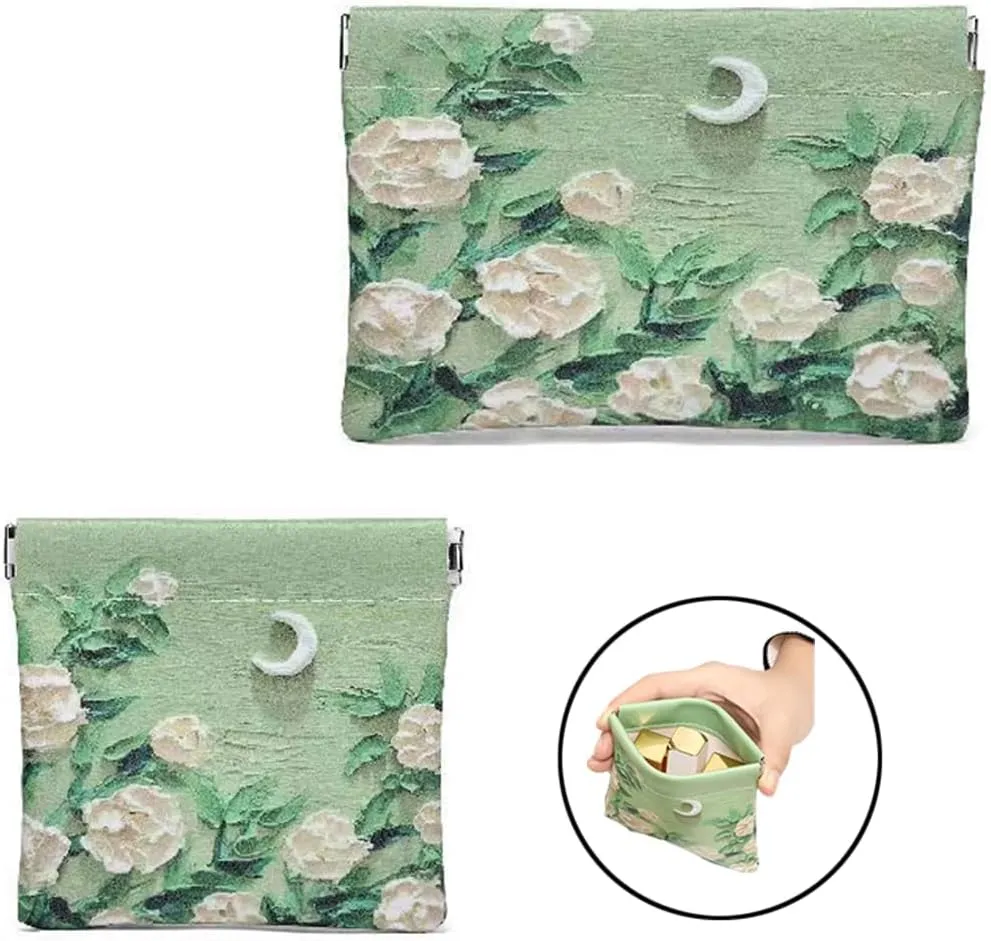 Snap Closure Organizer Pouch,Oil Paint Pattern Leather Big and Small Coin Pouch Holder Set,Portable No Zipper Self-Closing Pocket Cosmetic Bag Squeeze Top, (Roses Under the Moon)