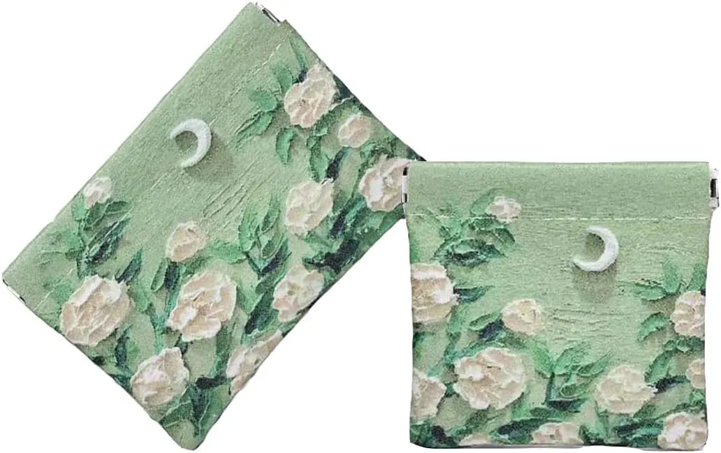 Snap Closure Organizer Pouch,Oil Paint Pattern Leather Big and Small Coin Pouch Holder Set,Portable No Zipper Self-Closing Pocket Cosmetic Bag Squeeze Top, (Roses Under the Moon)