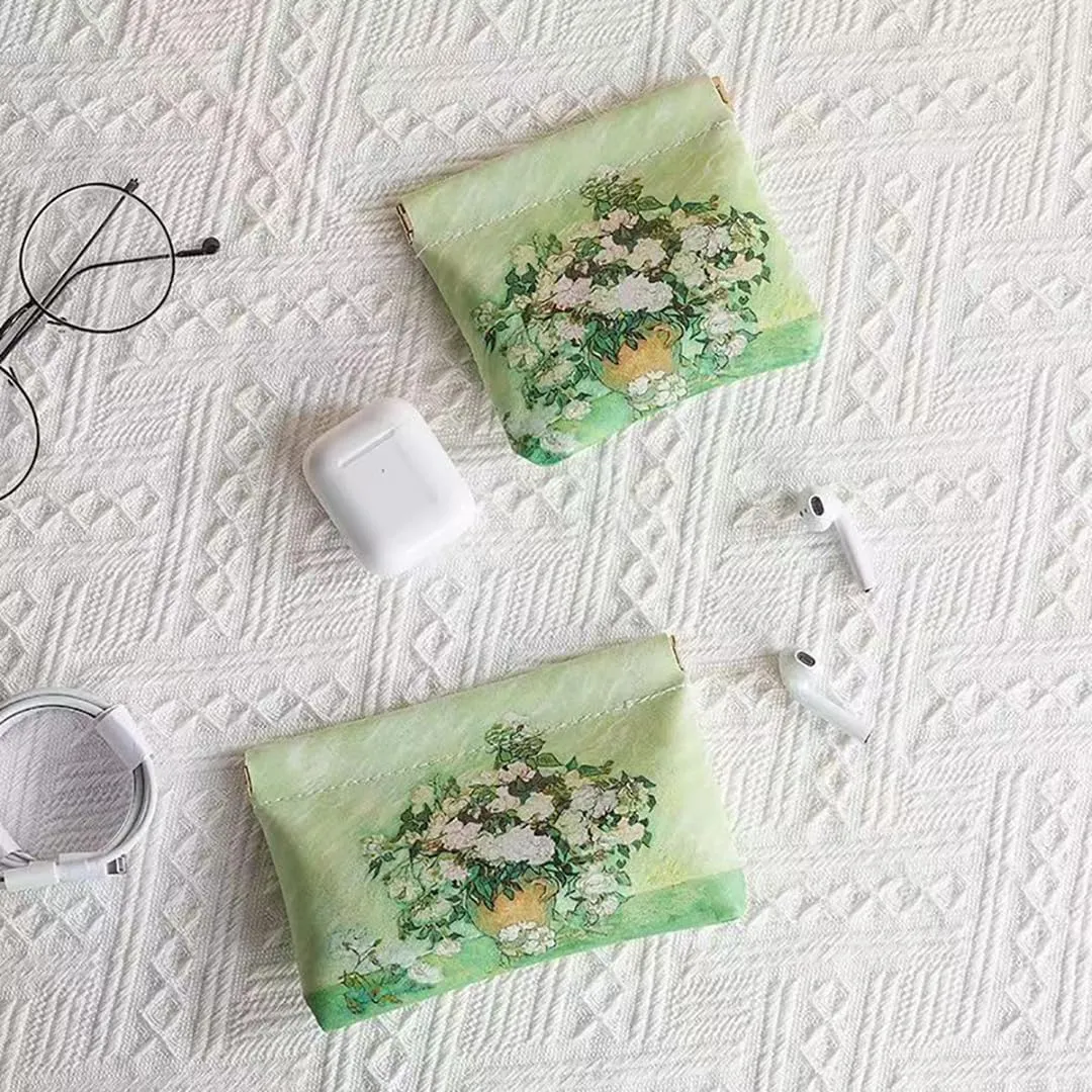Snap Closure Organizer Pouch,Oil Paint Pattern Leather Big and Small Coin Pouch Holder Set,Portable No Zipper Self-Closing Pocket Cosmetic Bag Squeeze Top, (White Roses)