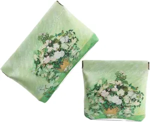 Snap Closure Organizer Pouch,Oil Paint Pattern Leather Big and Small Coin Pouch Holder Set,Portable No Zipper Self-Closing Pocket Cosmetic Bag Squeeze Top, (White Roses)