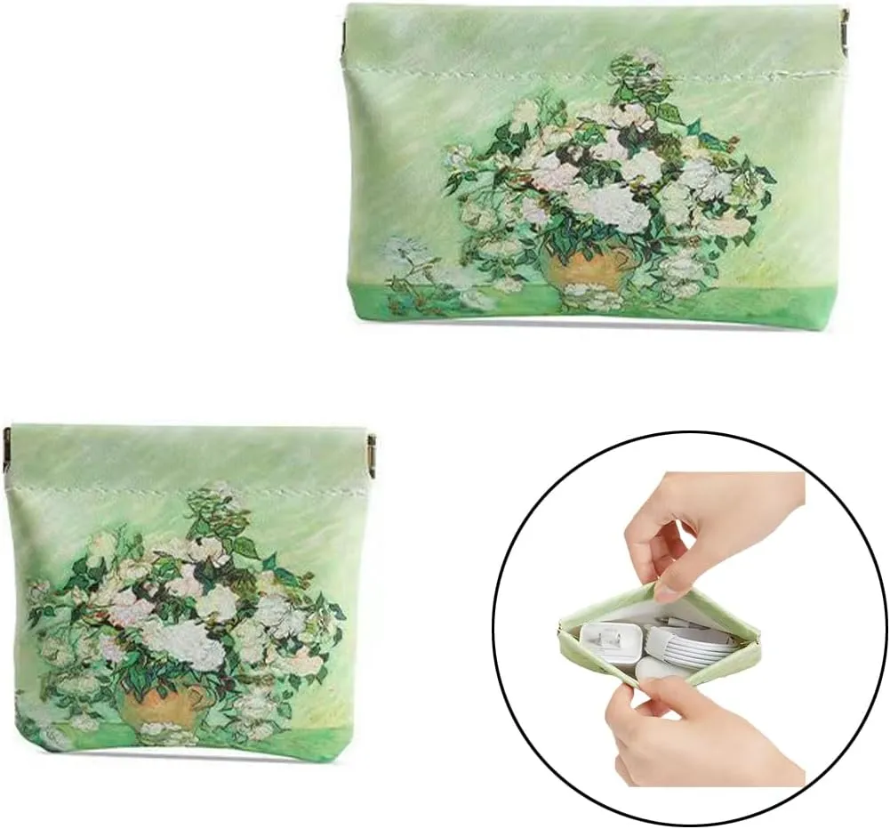 Snap Closure Organizer Pouch,Oil Paint Pattern Leather Big and Small Coin Pouch Holder Set,Portable No Zipper Self-Closing Pocket Cosmetic Bag Squeeze Top, (White Roses)