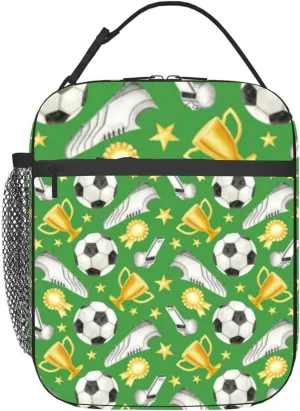 Soccer ball football cleats golden cup medal and whistle Watercolor Insulated Iunch Bag for Men Woman Large Portable Waterproof Reusable Thermal Lunch Box with Pockets for Work Travel Picnic