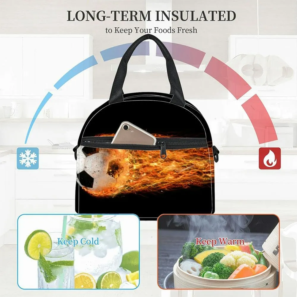 Soccer fireball Insulated Adult Lunch Bag with Shoulder Strap for Women Lightweight Reusable Portable Freezable Lunch Tote Bag for Work Picnic