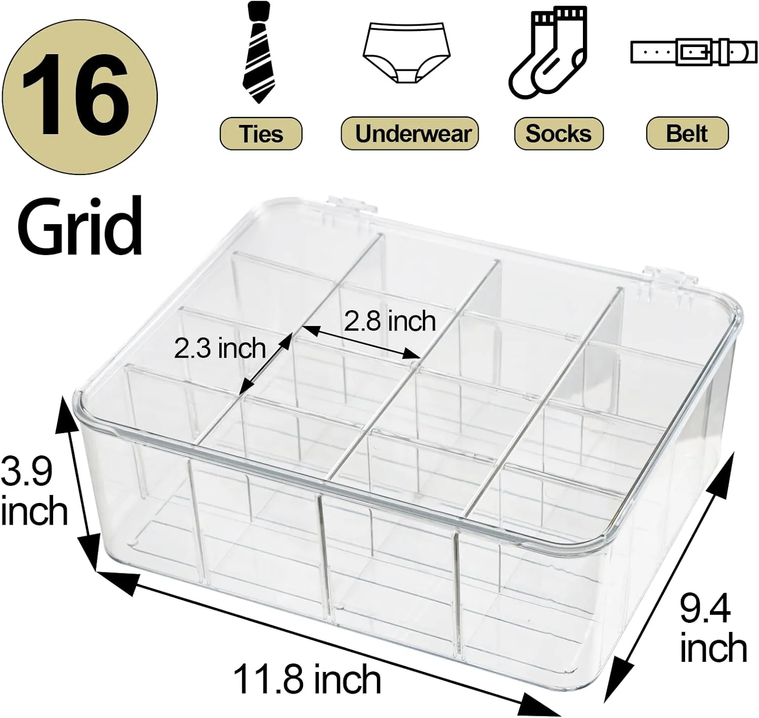 Socks Underwear Drawer Organzier Dividers, 16 Compartment Removable Divided Plastic Storage Bin with Lid, Storage Organizer for Scarves Ties Bras, Clear Dresser Drawer Organizers