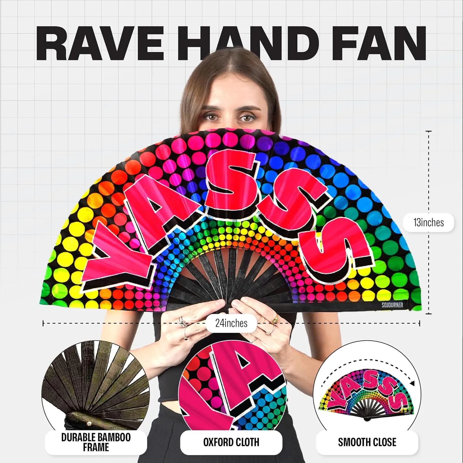 SoJourner Bags Rave Fan - Large Folding Fan - Clack Fan Hand Fan for Raves, Halloween, Burlesque, Rainbow Outfits for Women & Festival Accessories
