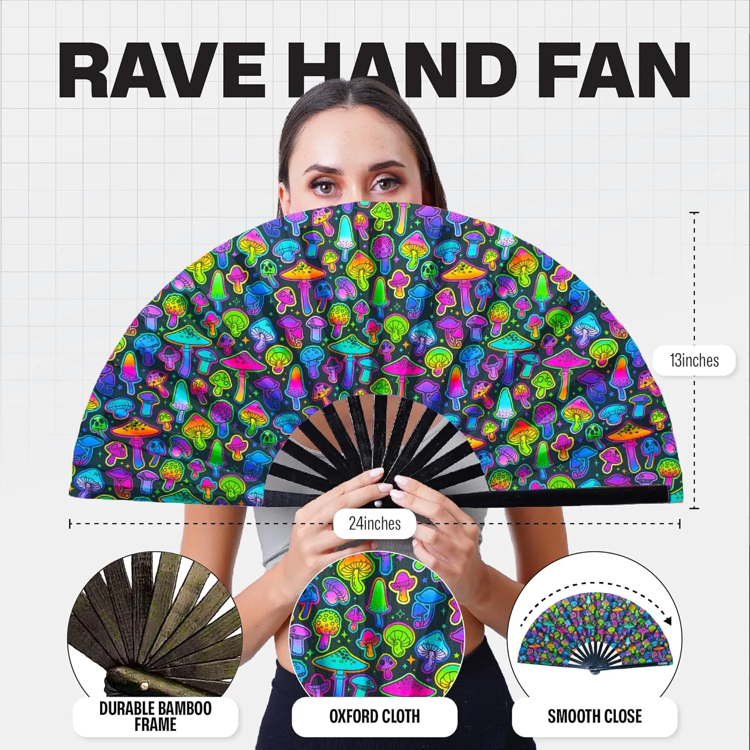 SoJourner Bags Rave Fan - Large Folding Fan - Clack Fan Hand Fan for Raves, Halloween, Burlesque, Rainbow Outfits for Women & Festival Accessories