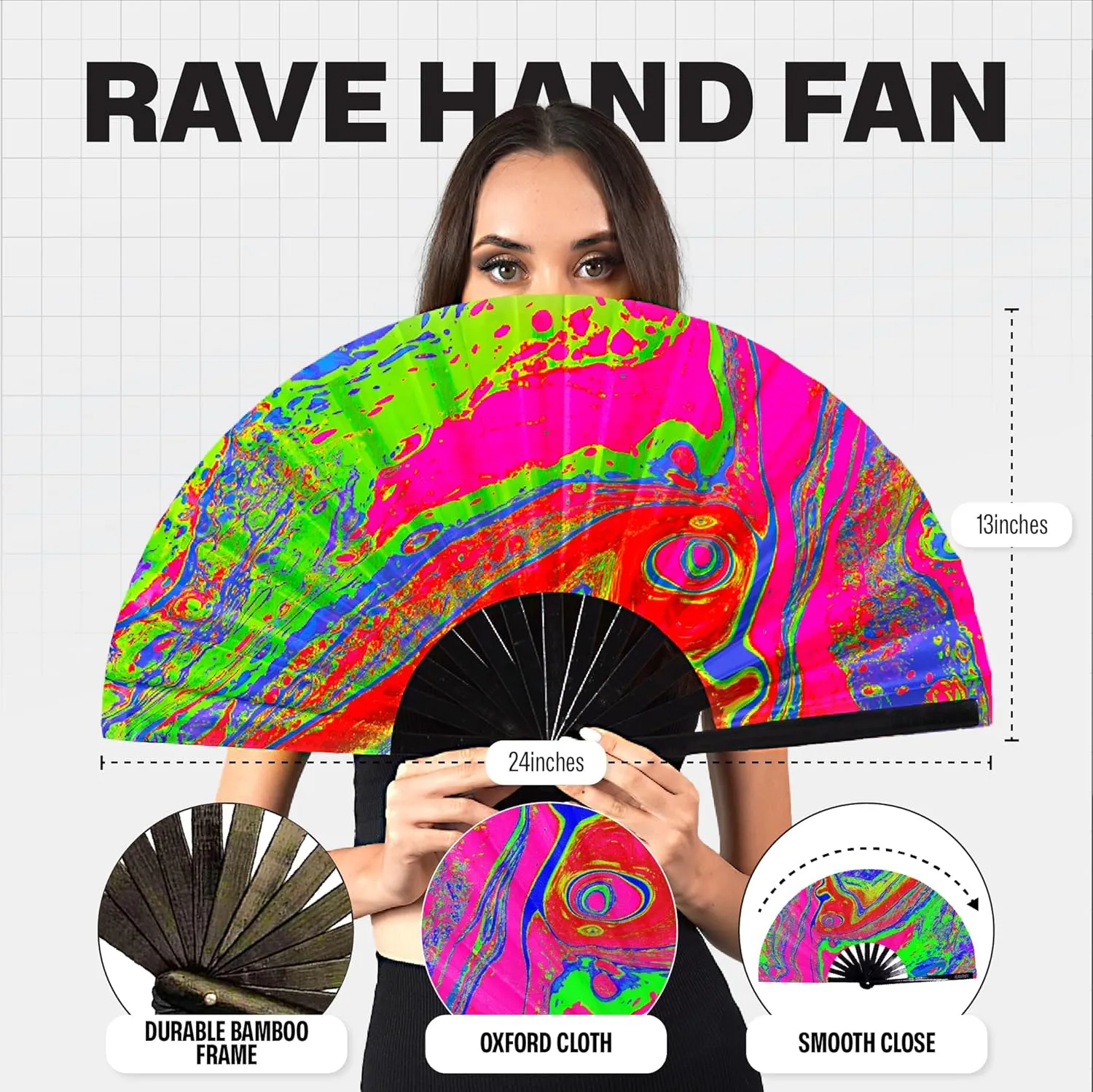 SoJourner Bags Rave Fan - Large Folding Fan - Clack Fan Hand Fan for Raves, Halloween, Burlesque, Rainbow Outfits for Women & Festival Accessories