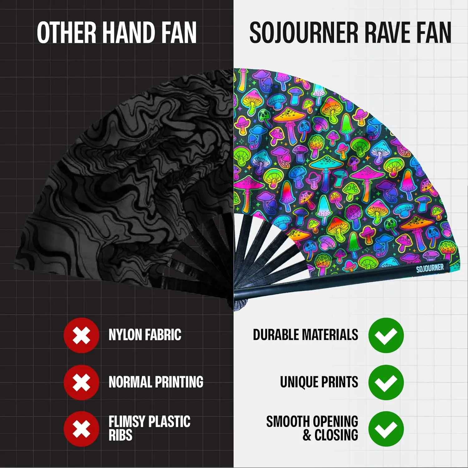 SoJourner Bags Rave Fan - Large Folding Fan - Clack Fan Hand Fan for Raves, Halloween, Burlesque, Rainbow Outfits for Women & Festival Accessories