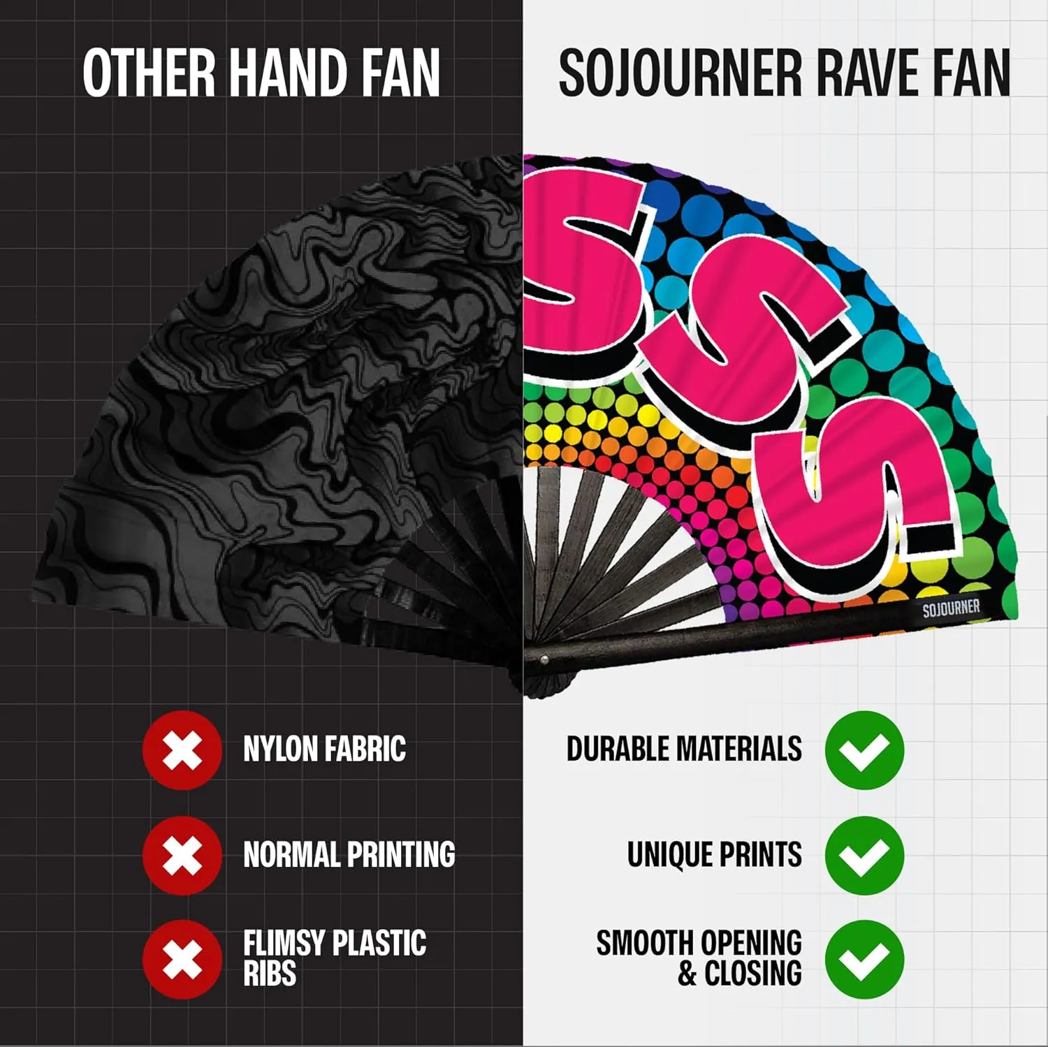 SoJourner Bags Rave Fan - Large Folding Fan - Clack Fan Hand Fan for Raves, Halloween, Burlesque, Rainbow Outfits for Women & Festival Accessories