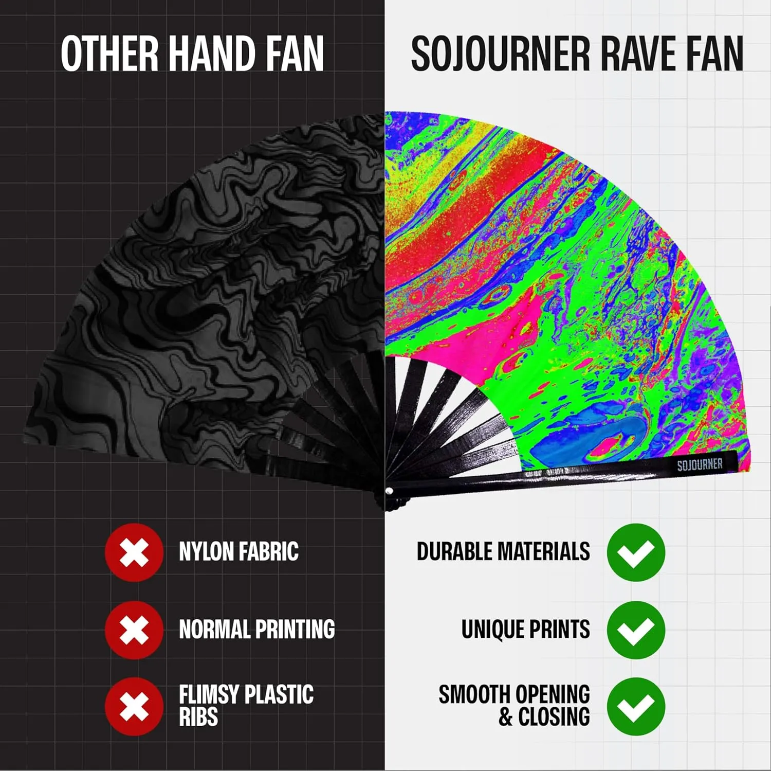 SoJourner Bags Rave Fan - Large Folding Fan - Clack Fan Hand Fan for Raves, Halloween, Burlesque, Rainbow Outfits for Women & Festival Accessories