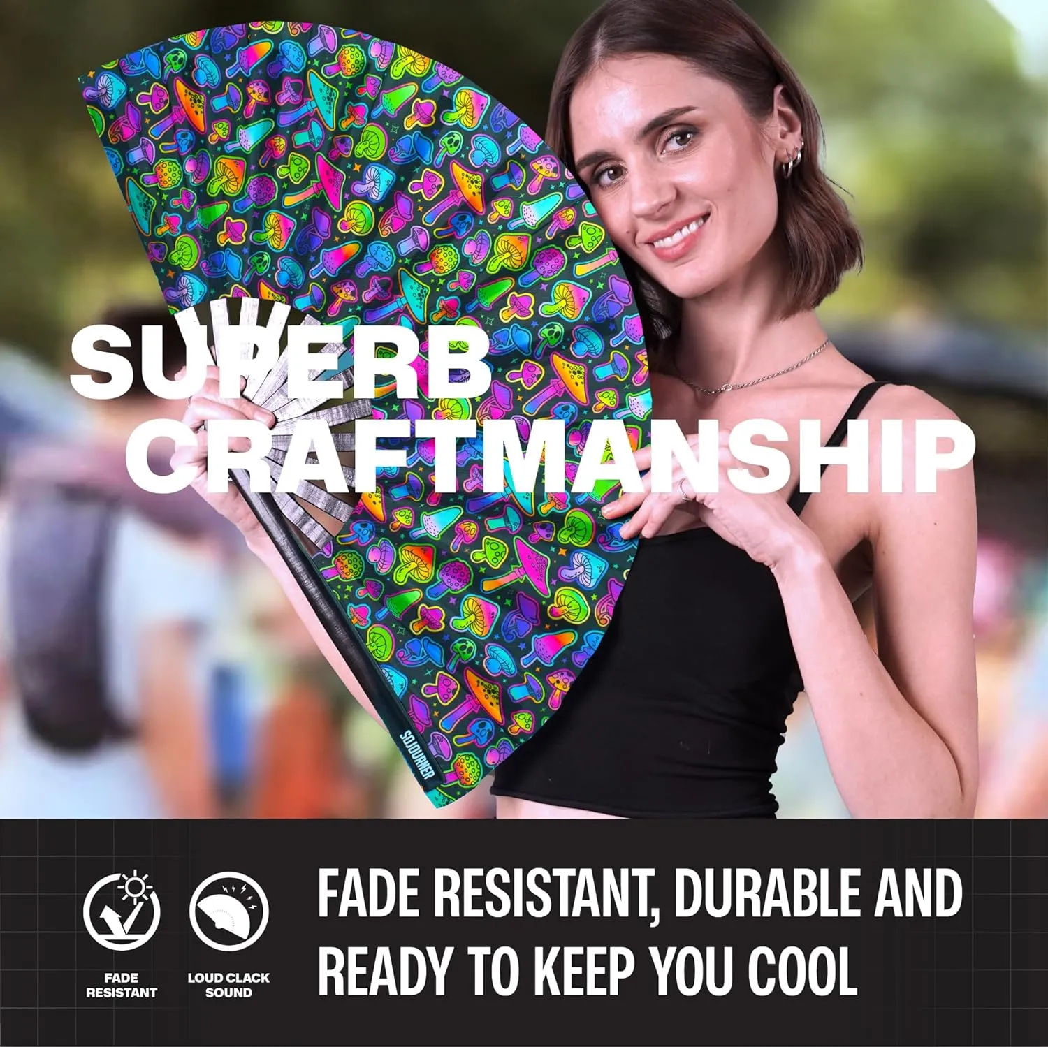 SoJourner Bags Rave Fan - Large Folding Fan - Clack Fan Hand Fan for Raves, Halloween, Burlesque, Rainbow Outfits for Women & Festival Accessories