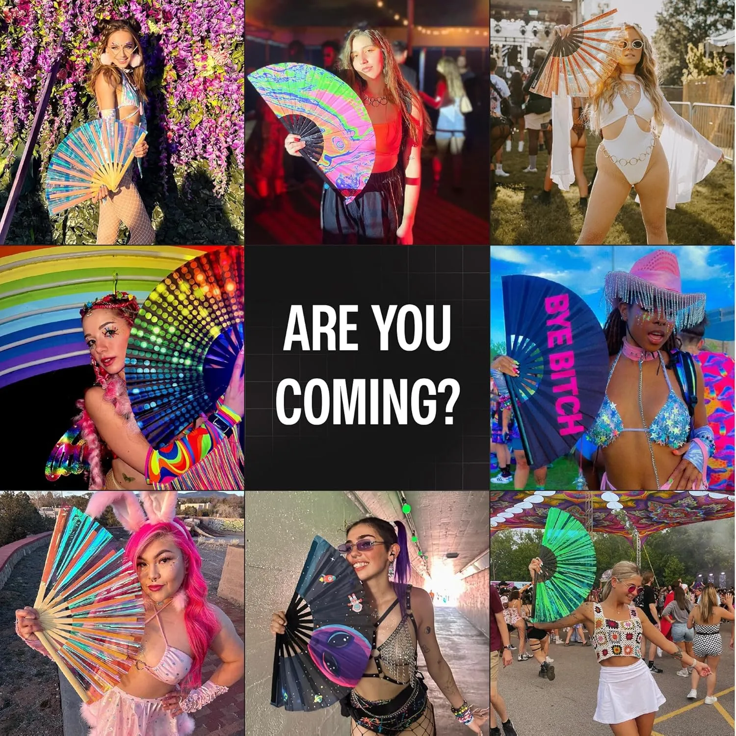 SoJourner Bags Rave Fan - Large Folding Fan - Clack Fan Hand Fan for Raves, Halloween, Burlesque, Rainbow Outfits for Women & Festival Accessories