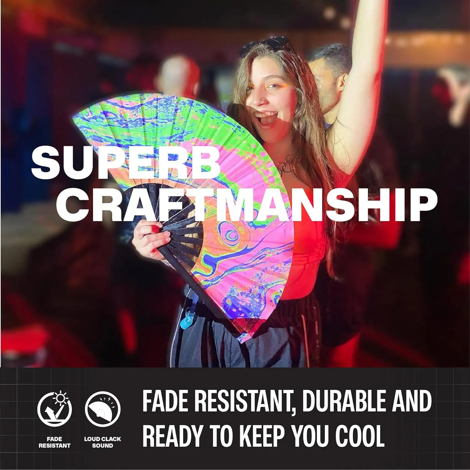 SoJourner Bags Rave Fan - Large Folding Fan - Clack Fan Hand Fan for Raves, Halloween, Burlesque, Rainbow Outfits for Women & Festival Accessories