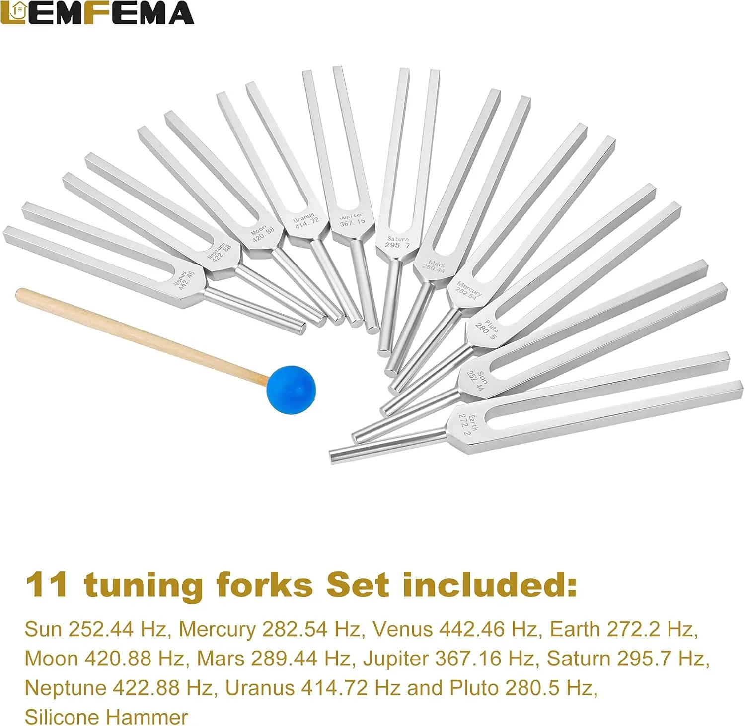 Solfeggio Tuning Fork Set, 11 Tuning Forks Perfect for Sound, with Silicone Hammer Cleaning Cloth and Bag(252.44Hz, 282.54Hz, 442.46Hz, 272.2Hz, 420.88Hz etc)