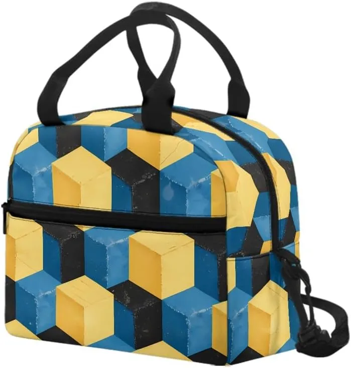 Solid Geometry Art Lunch Bag for Boys, Optical Illusion Square Insulated Reusable Lunch Box for Kids, Yellow Blue Color Contrast Lunch Tote Bag for Travel