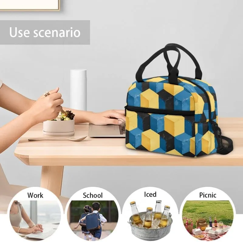 Solid Geometry Art Lunch Bag for Boys, Optical Illusion Square Insulated Reusable Lunch Box for Kids, Yellow Blue Color Contrast Lunch Tote Bag for Travel