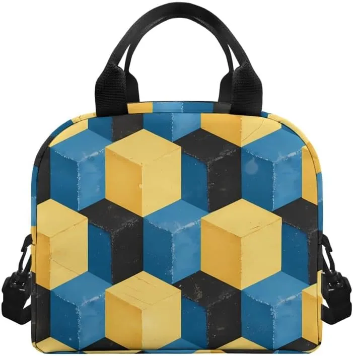 Solid Geometry Art Lunch Bag for Boys, Optical Illusion Square Insulated Reusable Lunch Box for Kids, Yellow Blue Color Contrast Lunch Tote Bag for Travel