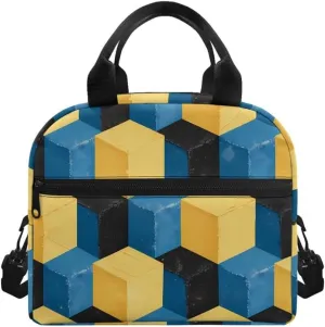 Solid Geometry Art Lunch Bag for Boys, Optical Illusion Square Insulated Reusable Lunch Box for Kids, Yellow Blue Color Contrast Lunch Tote Bag for Travel