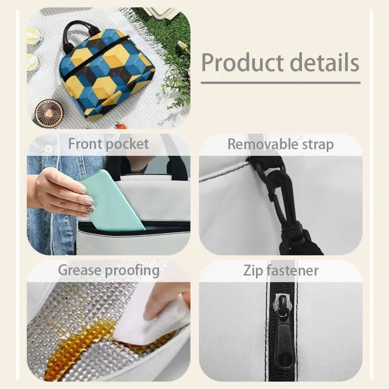 Solid Geometry Art Lunch Bag for Boys, Optical Illusion Square Insulated Reusable Lunch Box for Kids, Yellow Blue Color Contrast Lunch Tote Bag for Travel