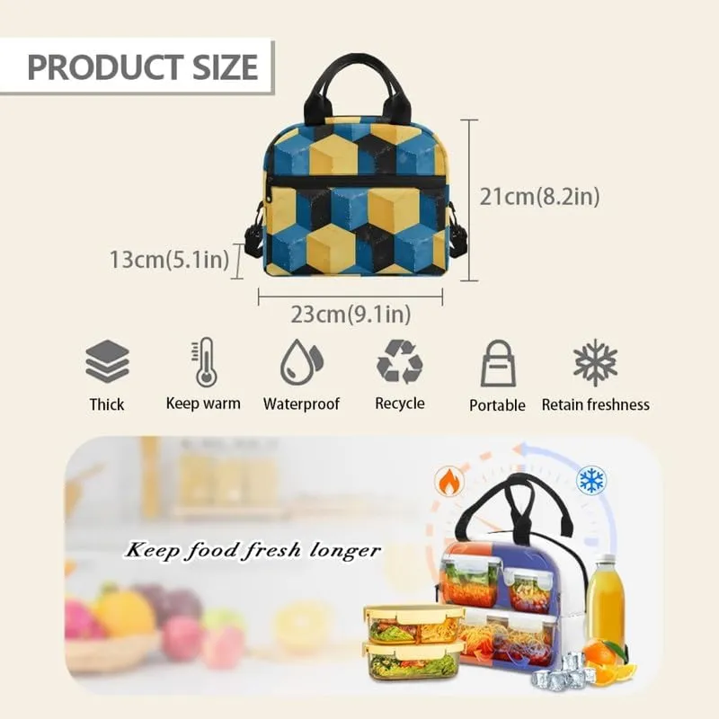 Solid Geometry Art Lunch Bag for Boys, Optical Illusion Square Insulated Reusable Lunch Box for Kids, Yellow Blue Color Contrast Lunch Tote Bag for Travel
