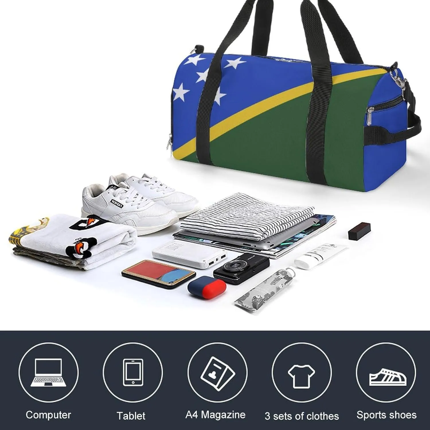 Solomon Lslands Flag Duffel Bag for Men Women with Wet Pocket Shoe Compartment