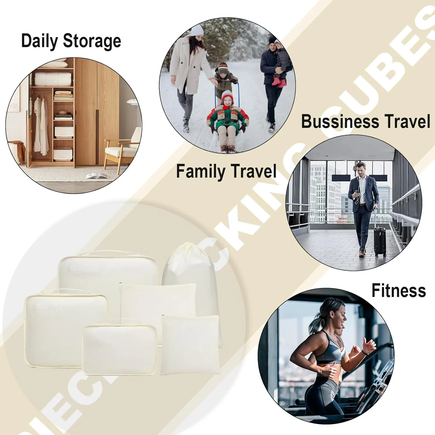 Somago Packing Cubes 6 Set Compression Space Saving Organizers for Suitcases and Luggage with Clothes Shoes Cosmetics Toiletries Storage Bags Travel Essentials (Creamy White)
