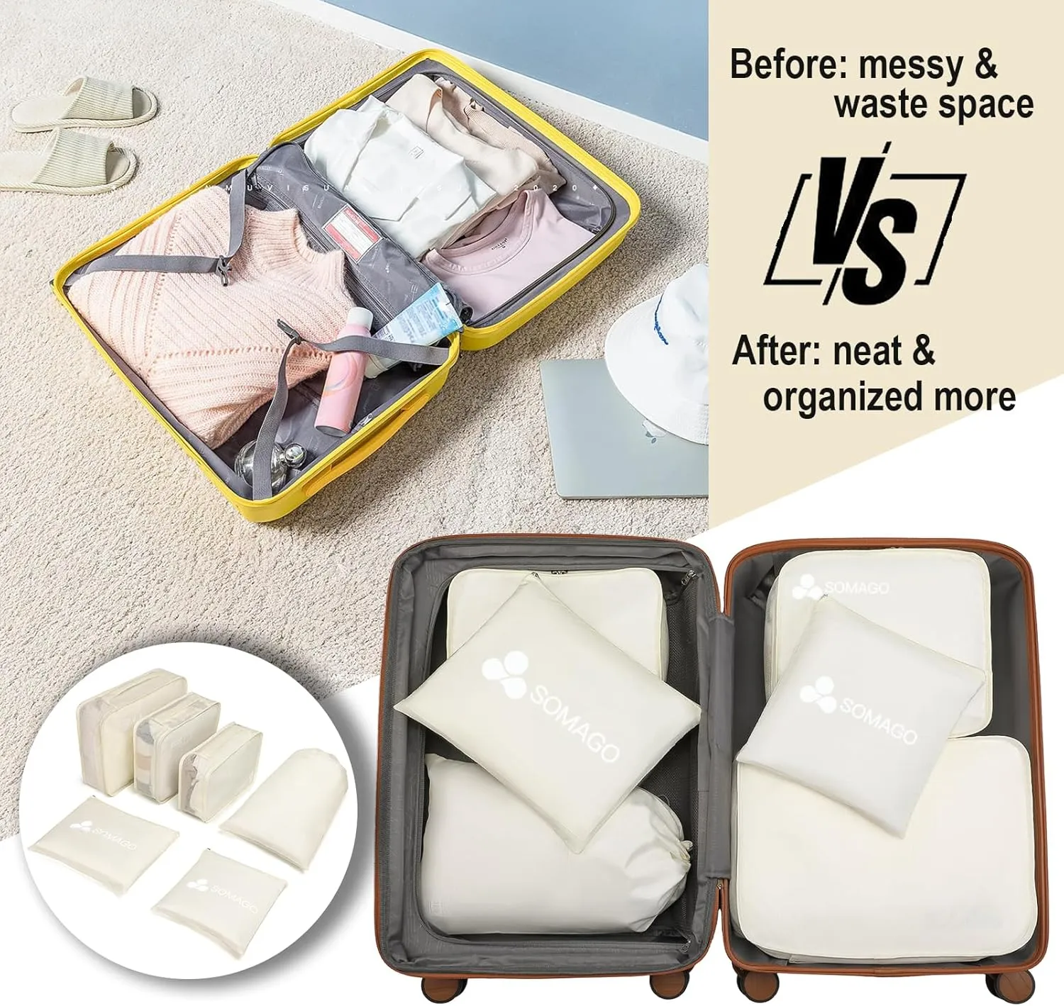 Somago Packing Cubes 6 Set Compression Space Saving Organizers for Suitcases and Luggage with Clothes Shoes Cosmetics Toiletries Storage Bags Travel Essentials (Creamy White)