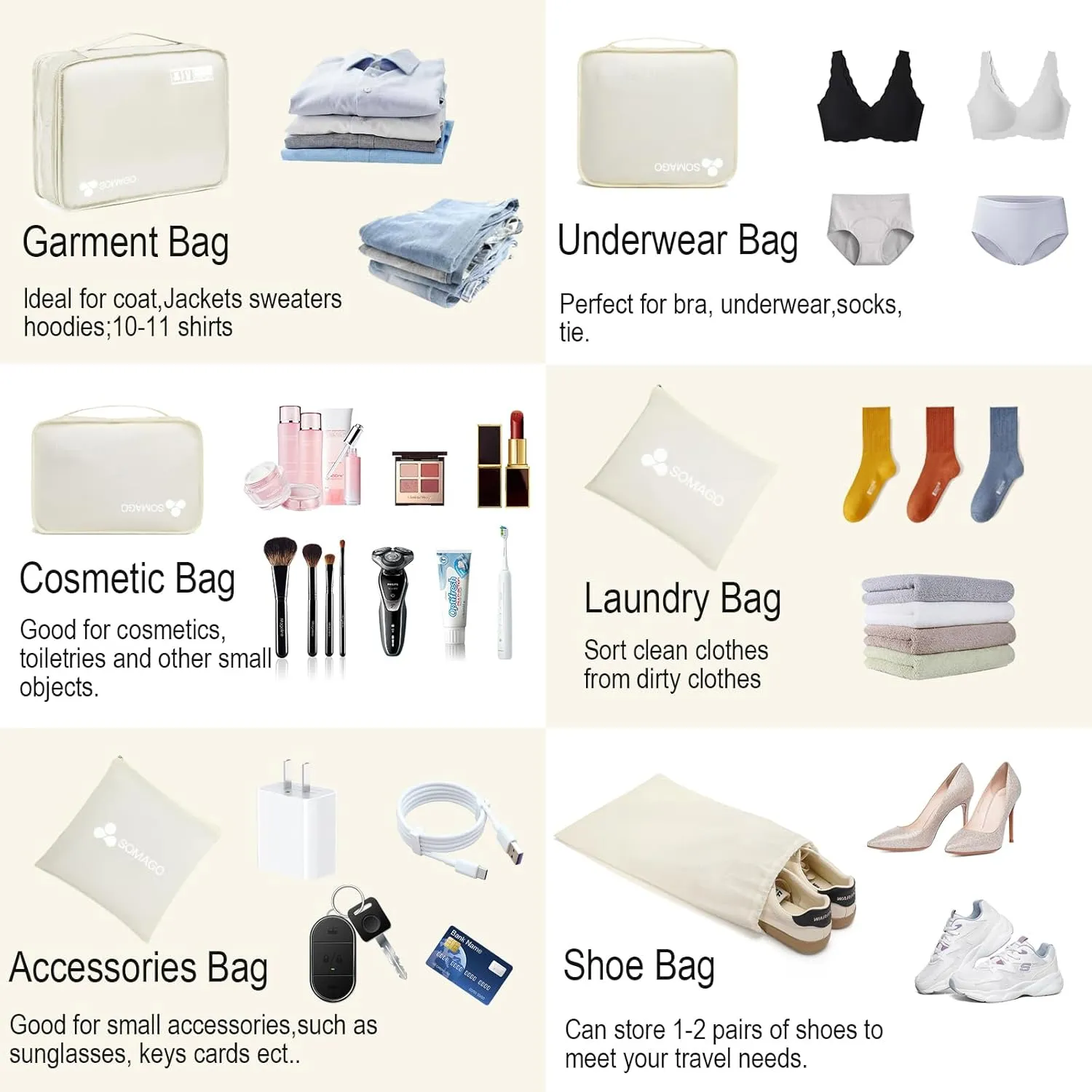Somago Packing Cubes 6 Set Compression Space Saving Organizers for Suitcases and Luggage with Clothes Shoes Cosmetics Toiletries Storage Bags Travel Essentials (Creamy White)