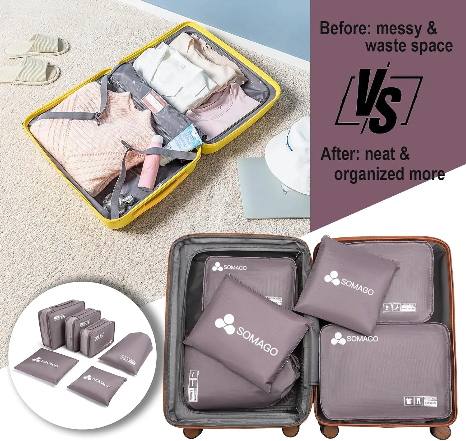 Somago Packing Cubes 6 Set Compression Space Saving Organizers for Suitcases and Luggage with Clothes Shoes Cosmetics Toiletries Storage Bags Travel Essentials (Elegant Purple)