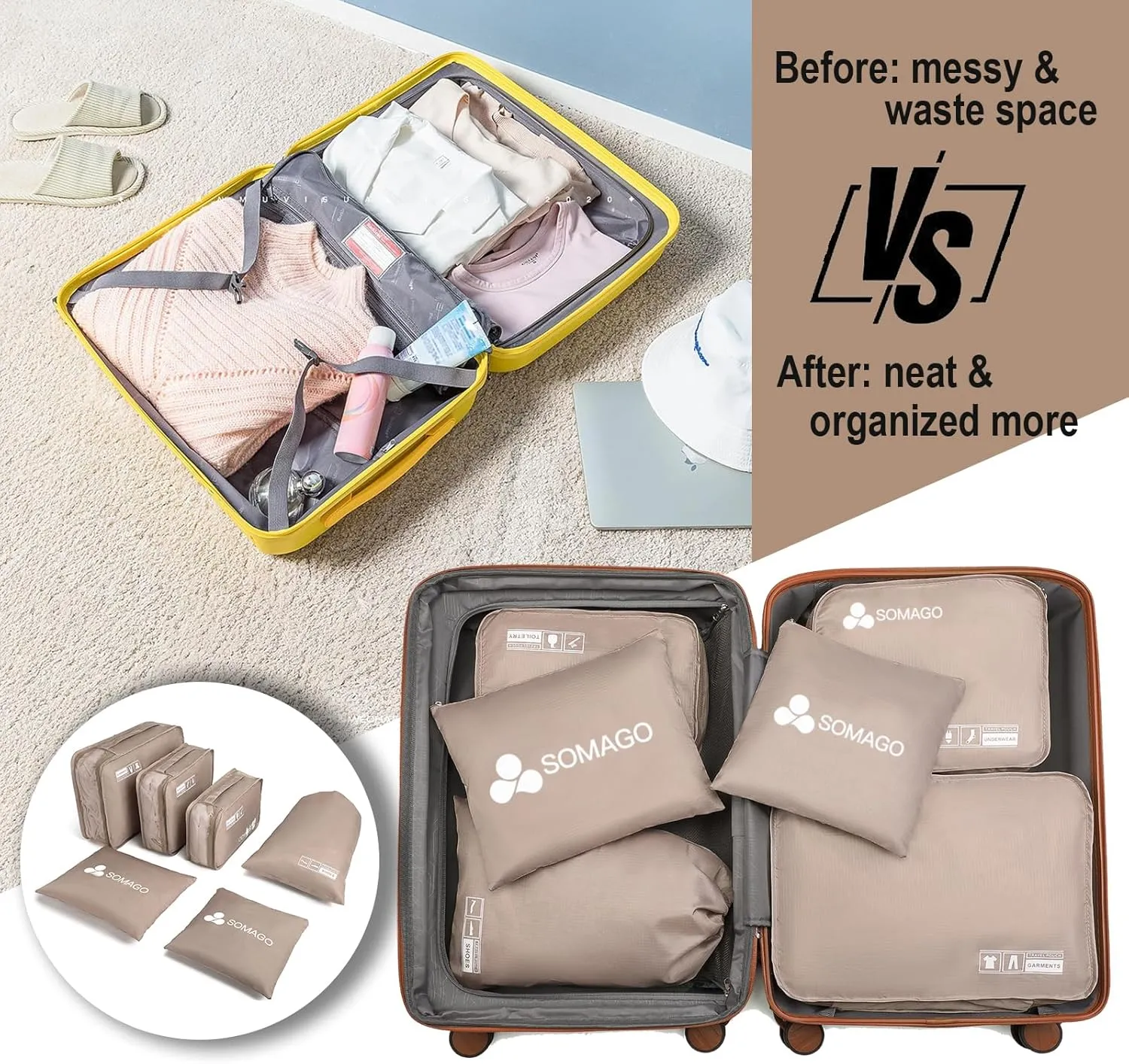 Somago Packing Cubes 6 Set Compression Space Saving Organizers for Suitcases and Luggage with Clothes Shoes Cosmetics Toiletries Storage Bags Travel Essentials (Golden)