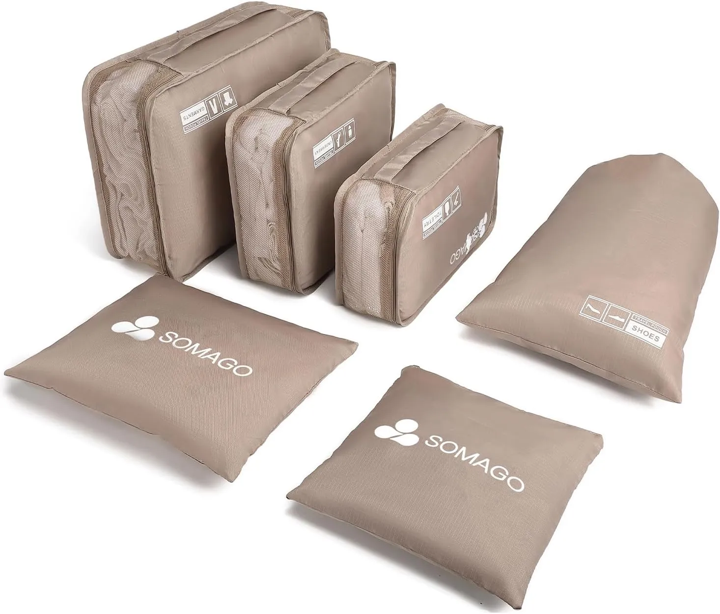 Somago Packing Cubes 6 Set Compression Space Saving Organizers for Suitcases and Luggage with Clothes Shoes Cosmetics Toiletries Storage Bags Travel Essentials (Golden)