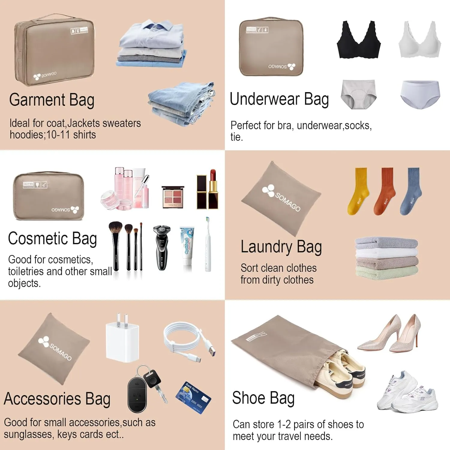 Somago Packing Cubes 6 Set Compression Space Saving Organizers for Suitcases and Luggage with Clothes Shoes Cosmetics Toiletries Storage Bags Travel Essentials (Golden)