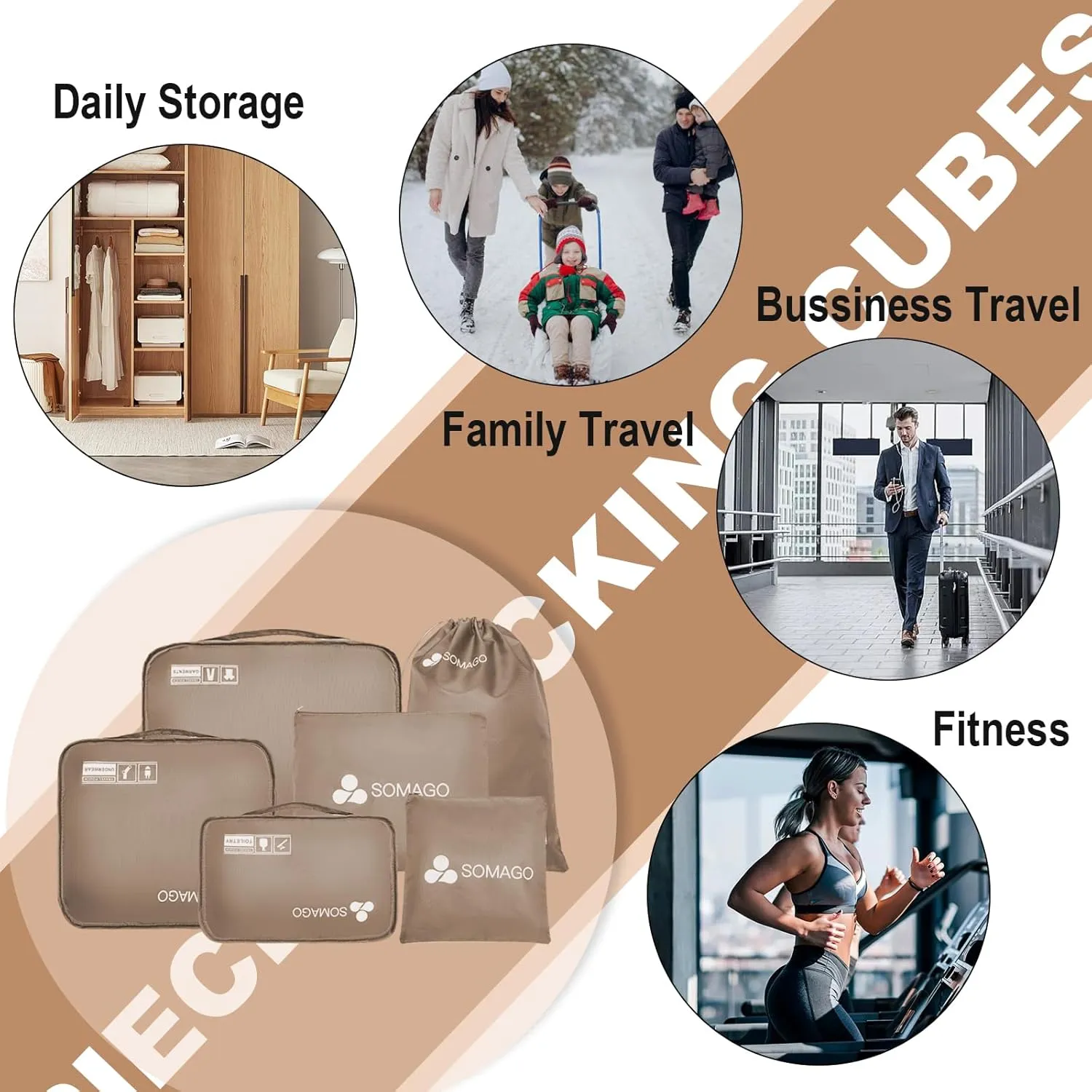 Somago Packing Cubes 6 Set Compression Space Saving Organizers for Suitcases and Luggage with Clothes Shoes Cosmetics Toiletries Storage Bags Travel Essentials (Golden)