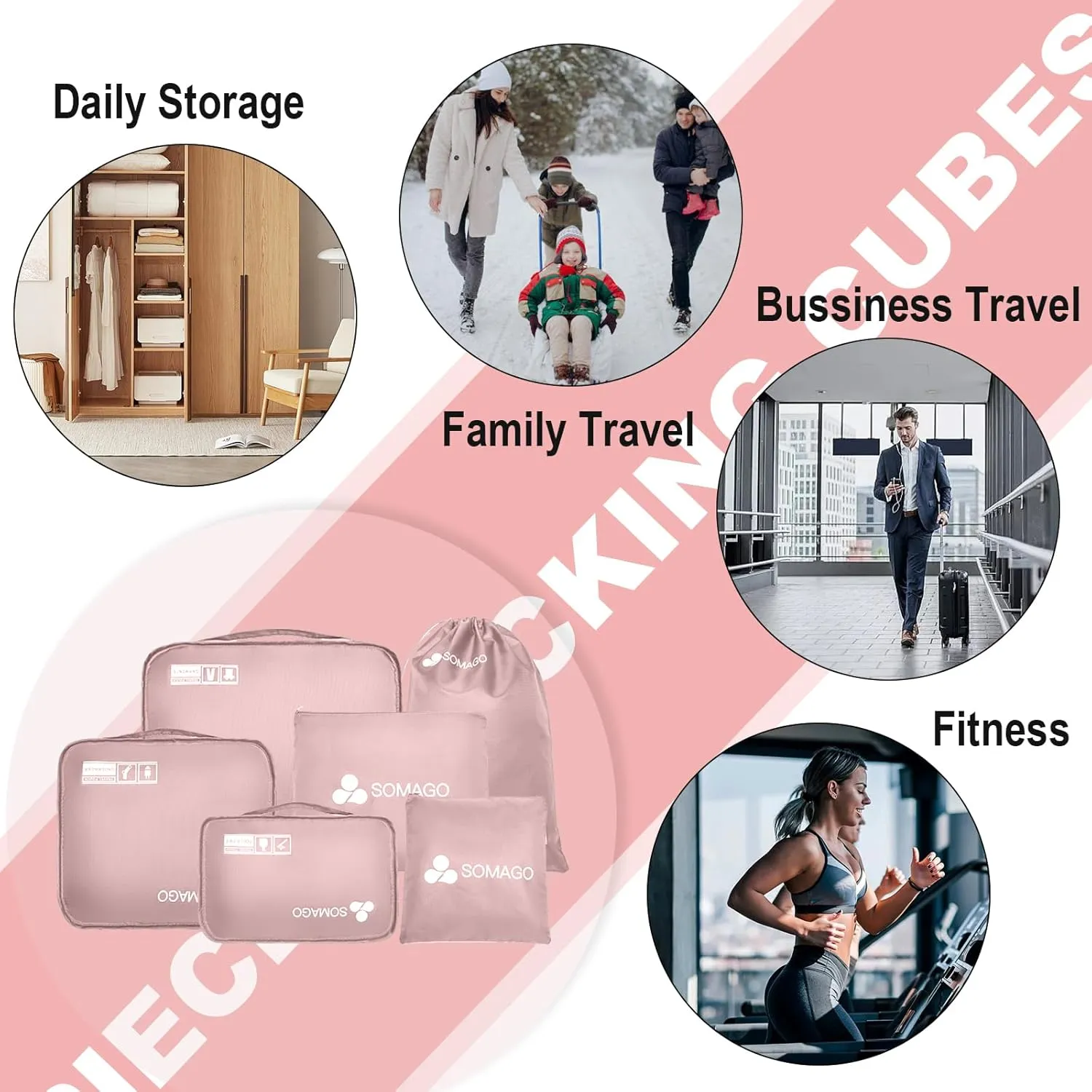 Somago Packing Cubes 6 Set Compression Space Saving Organizers for Suitcases and Luggage with Clothes Shoes Cosmetics Toiletries Storage Bags Travel Essentials (Nude Pink)
