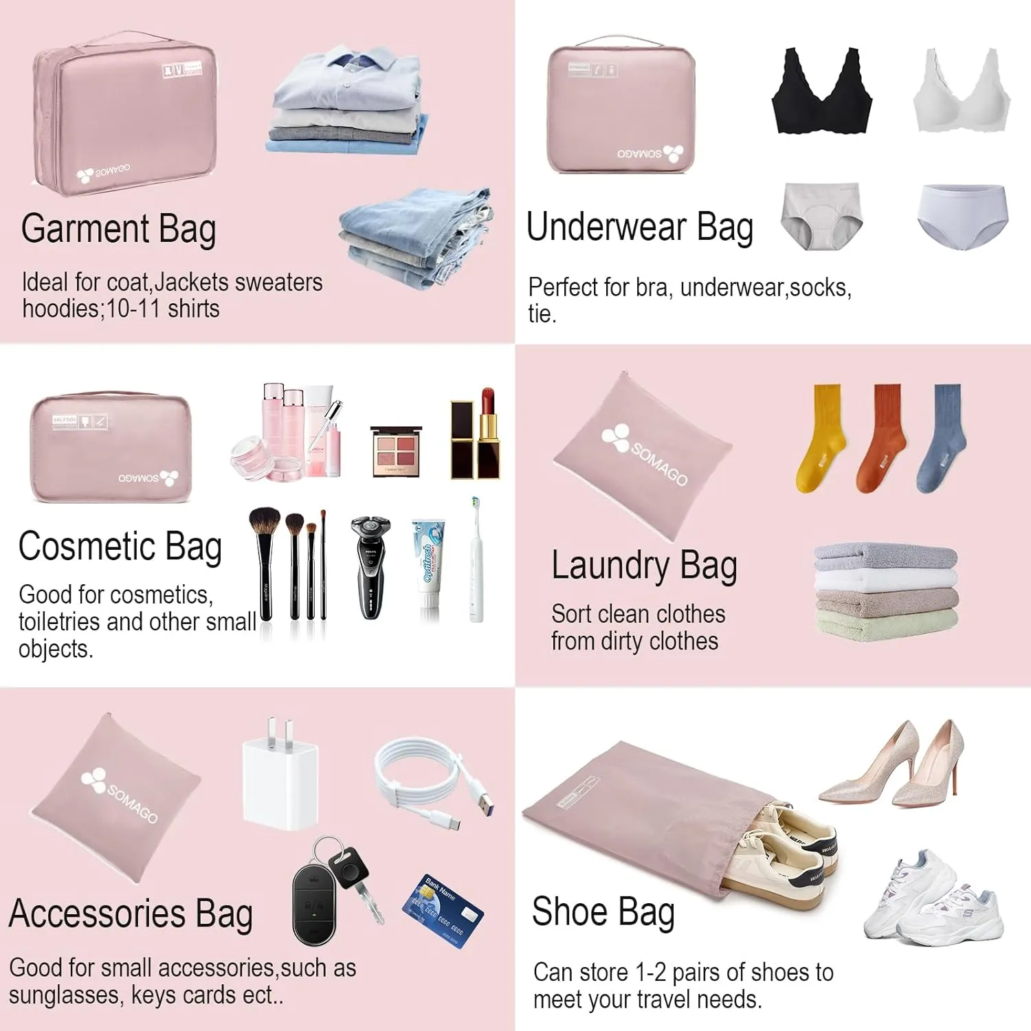 Somago Packing Cubes 6 Set Compression Space Saving Organizers for Suitcases and Luggage with Clothes Shoes Cosmetics Toiletries Storage Bags Travel Essentials (Nude Pink)