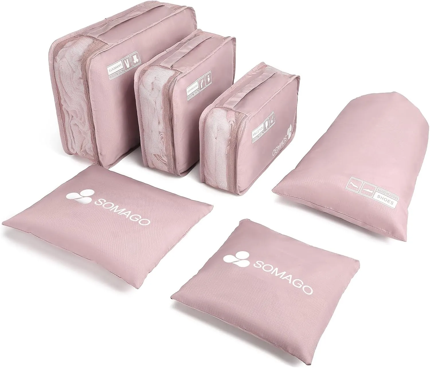 Somago Packing Cubes 6 Set Compression Space Saving Organizers for Suitcases and Luggage with Clothes Shoes Cosmetics Toiletries Storage Bags Travel Essentials (Nude Pink)