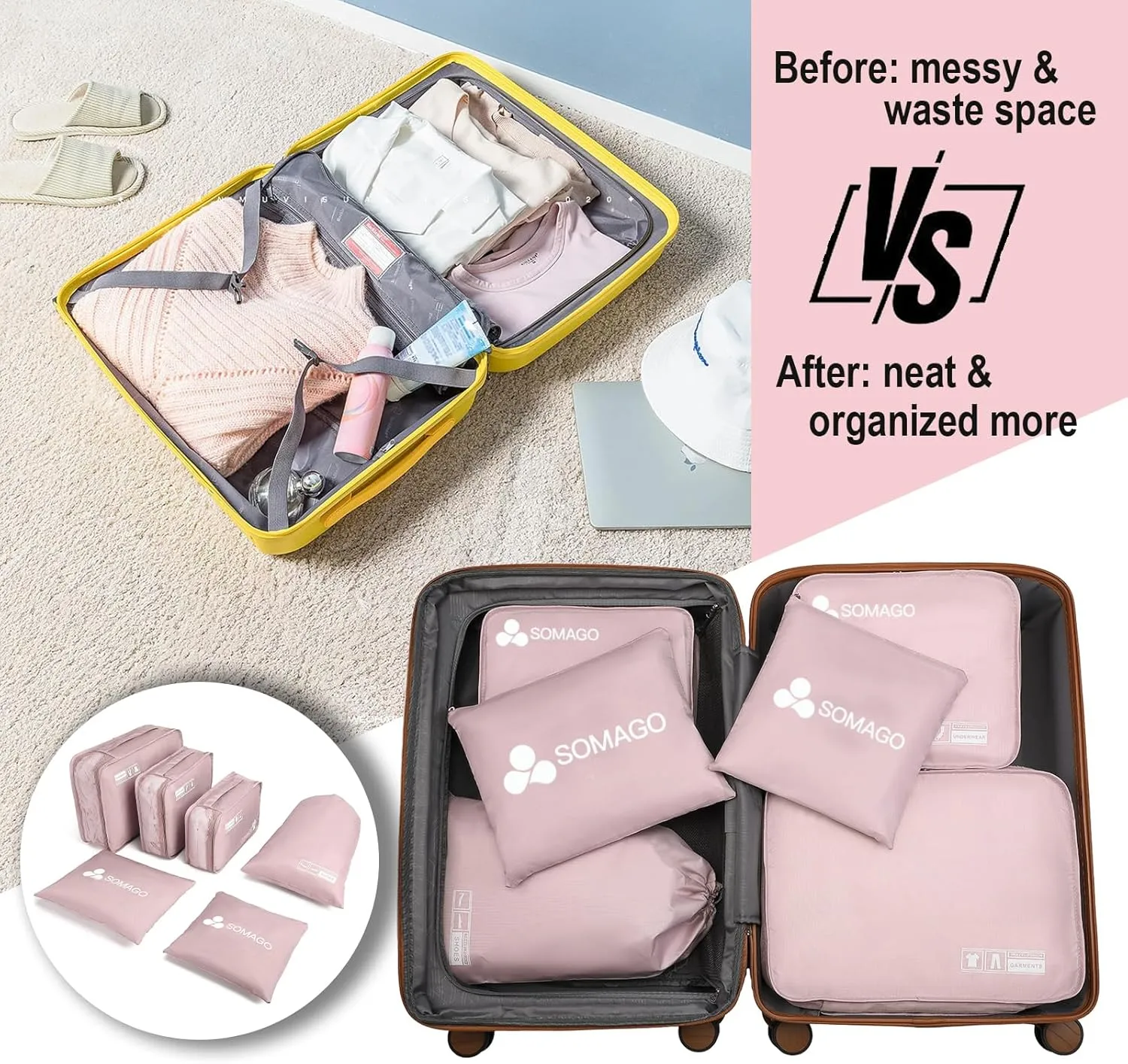 Somago Packing Cubes 6 Set Compression Space Saving Organizers for Suitcases and Luggage with Clothes Shoes Cosmetics Toiletries Storage Bags Travel Essentials (Nude Pink)