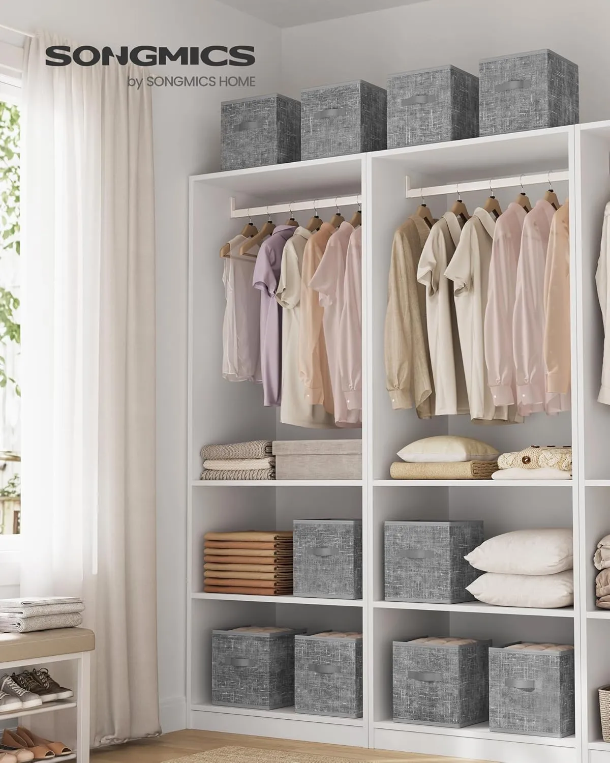 SONGMICS Storage Cubes, 11-Inch Non-Woven Fabric Bins with Double Handles, Set of 10, Closet Organizers for Shelves, Foldable, for Clothes, Cattail Gray UROB126G01