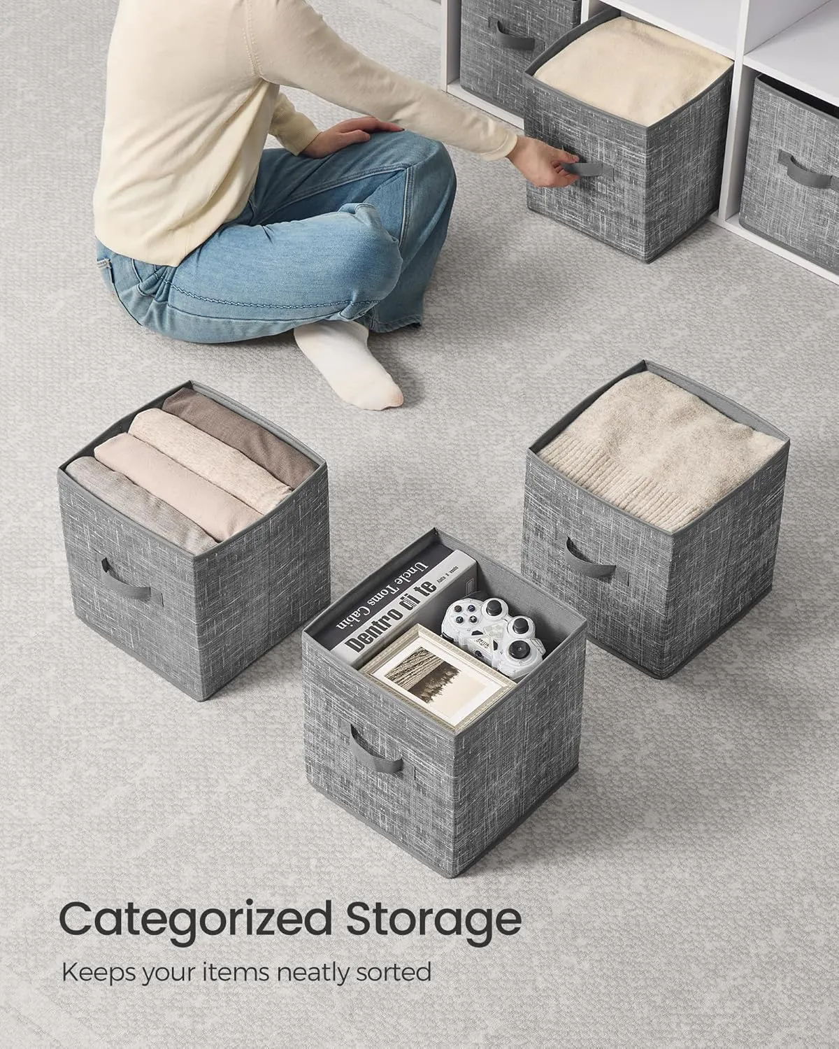 SONGMICS Storage Cubes, 11-Inch Non-Woven Fabric Bins with Double Handles, Set of 10, Closet Organizers for Shelves, Foldable, for Clothes, Cattail Gray UROB126G01