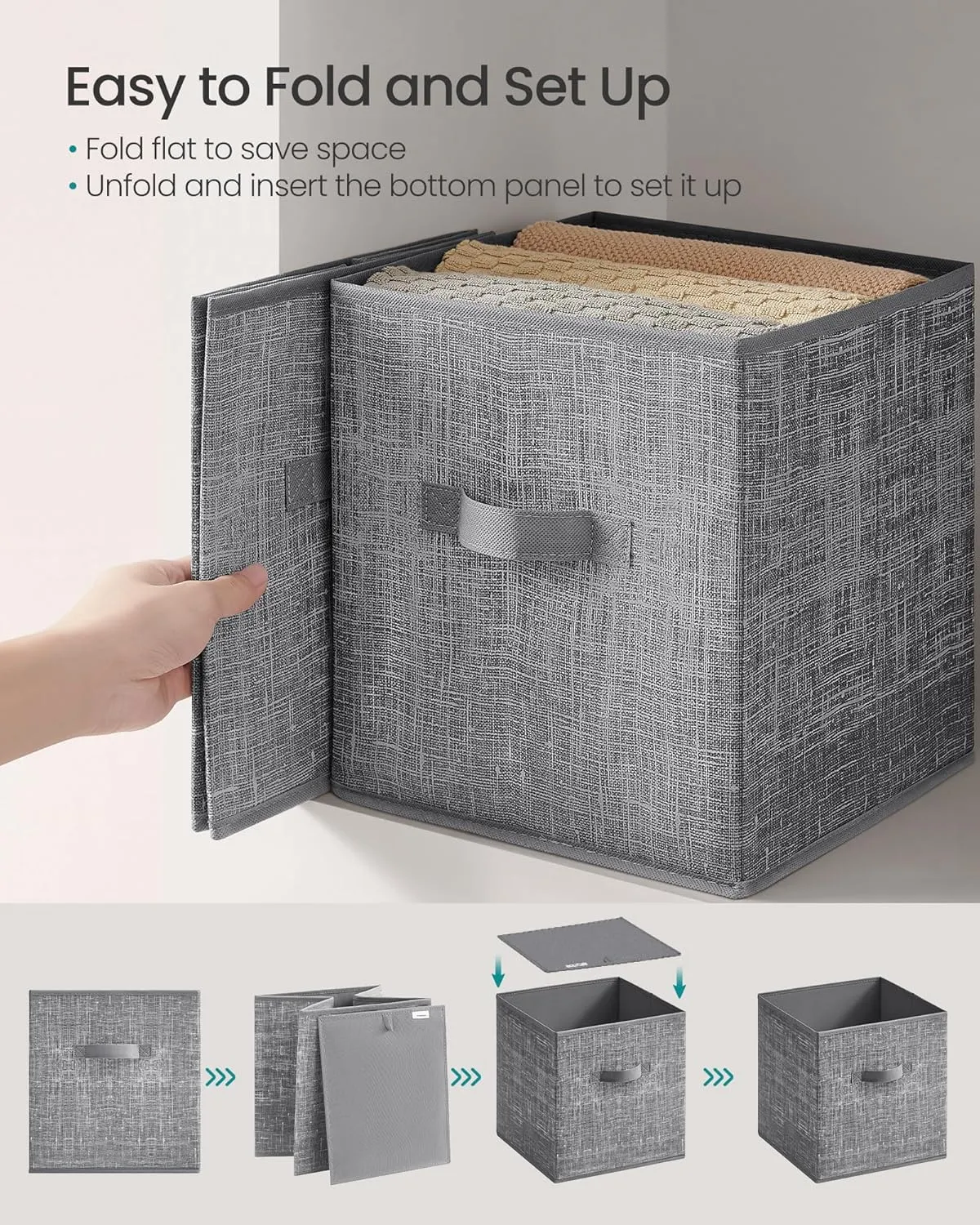 SONGMICS Storage Cubes, 11-Inch Non-Woven Fabric Bins with Double Handles, Set of 10, Closet Organizers for Shelves, Foldable, for Clothes, Cattail Gray UROB126G01