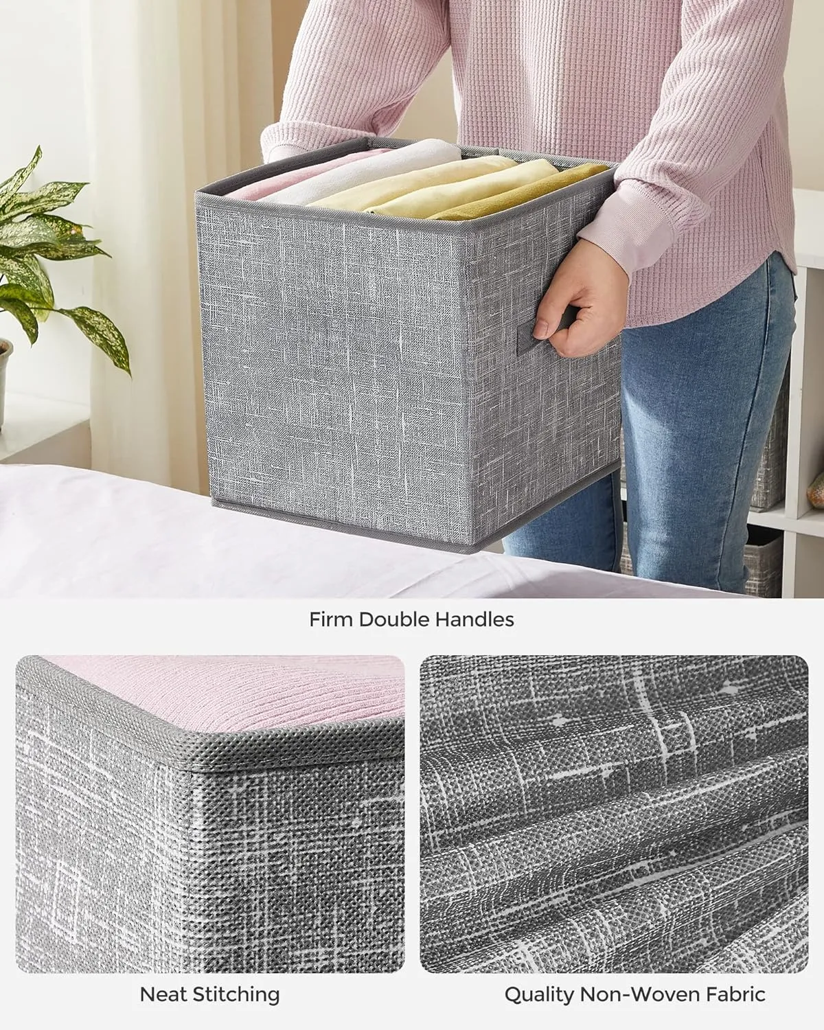 SONGMICS Storage Cubes, 11-Inch Non-Woven Fabric Bins with Double Handles, Set of 6, Closet Organizers for Shelves, Foldable, for Clothes, Cattail Gray UROB26LG