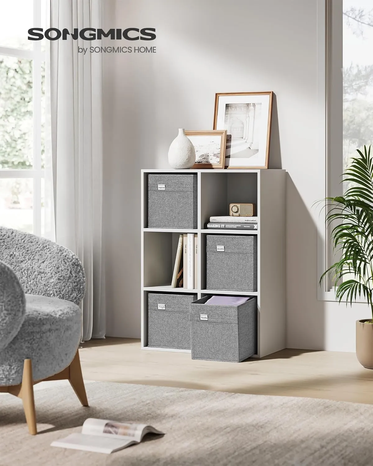 SONGMICS Storage Cubes, Set of 4 Cube Storage Bins, 10.2 x 10.2 x 11 Inches, 2 Handles, Oxford Fabric and Linen-Look Fabric, Easy to Clean, Foldable, Metal Label Holders, Dove Gray UROB226G04