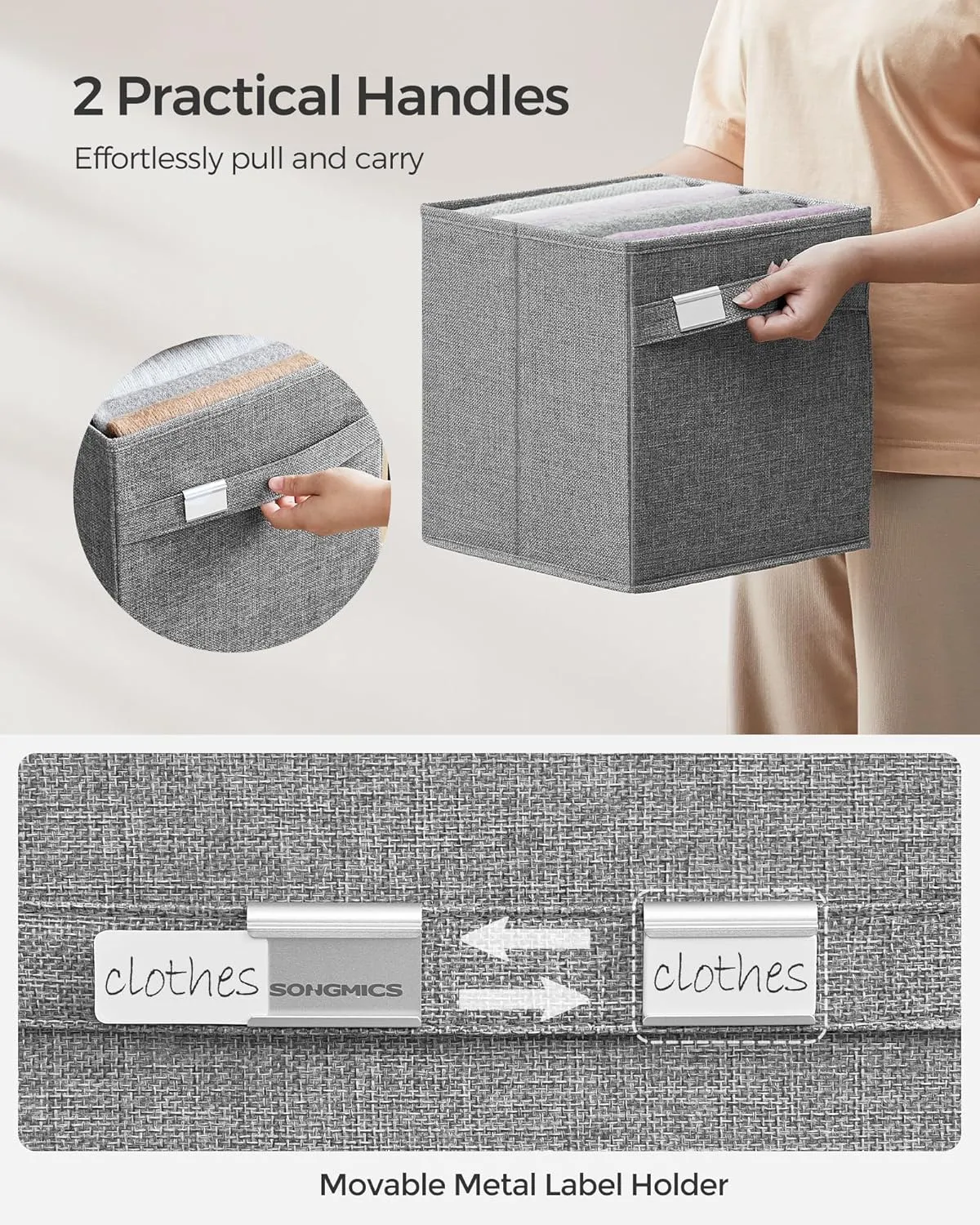 SONGMICS Storage Cubes, Set of 4 Cube Storage Bins, 10.2 x 10.2 x 11 Inches, 2 Handles, Oxford Fabric and Linen-Look Fabric, Easy to Clean, Foldable, Metal Label Holders, Dove Gray UROB226G04
