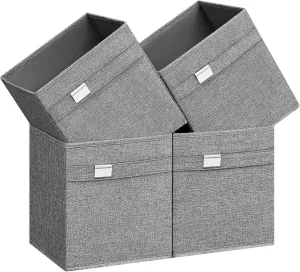 SONGMICS Storage Cubes, Set of 4 Cube Storage Bins, 10.2 x 10.2 x 11 Inches, 2 Handles, Oxford Fabric and Linen-Look Fabric, Easy to Clean, Foldable, Metal Label Holders, Dove Gray UROB226G04
