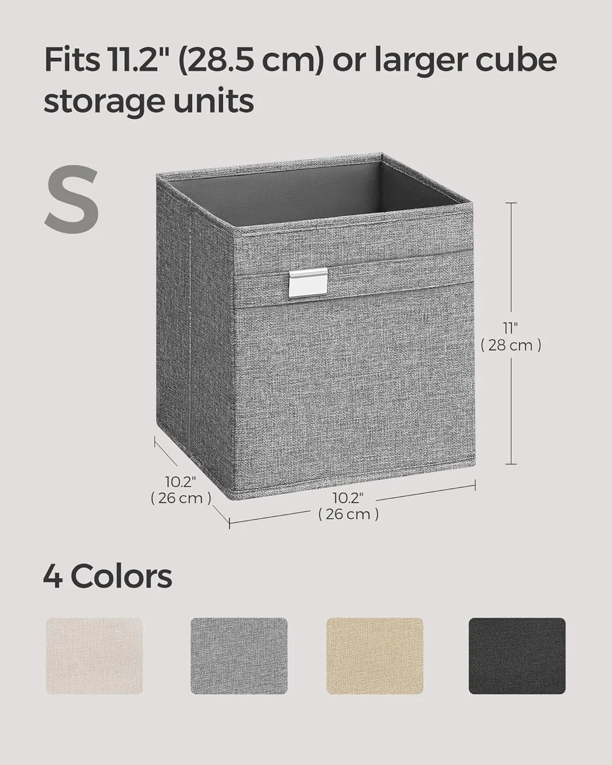 SONGMICS Storage Cubes, Set of 4 Cube Storage Bins, 10.2 x 10.2 x 11 Inches, 2 Handles, Oxford Fabric and Linen-Look Fabric, Easy to Clean, Foldable, Metal Label Holders, Dove Gray UROB226G04