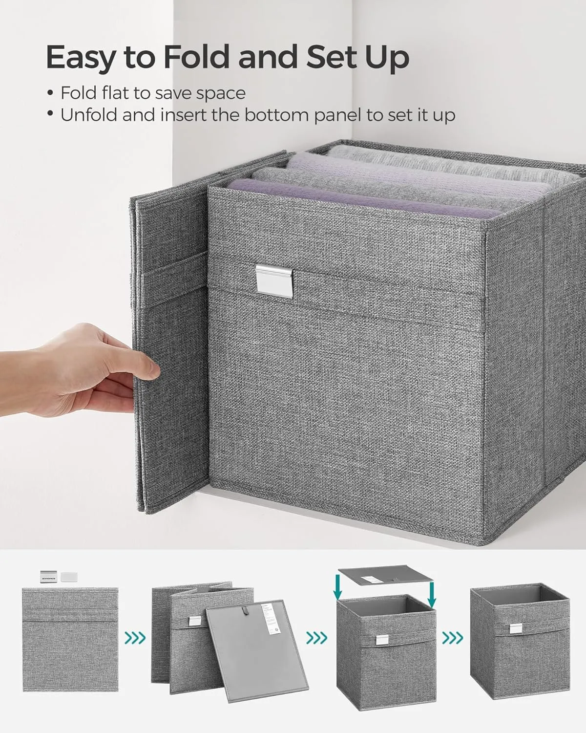 SONGMICS Storage Cubes, Set of 4 Cube Storage Bins, 10.2 x 10.2 x 11 Inches, 2 Handles, Oxford Fabric and Linen-Look Fabric, Easy to Clean, Foldable, Metal Label Holders, Dove Gray UROB226G04